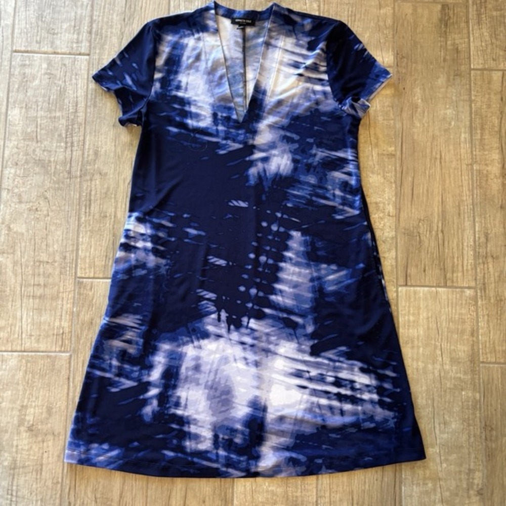 Kenneth Cole New York‎ Blue White Tie Dye V-Neck Shift Dress Large Short Sleeve
